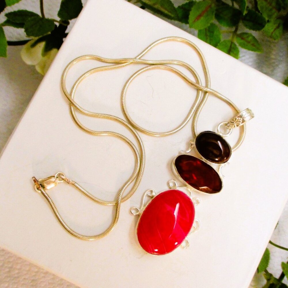 VINTAGE Sterling Gemstone Pendant Necklace ~ Garnet Amethyst Botswana Agate 925